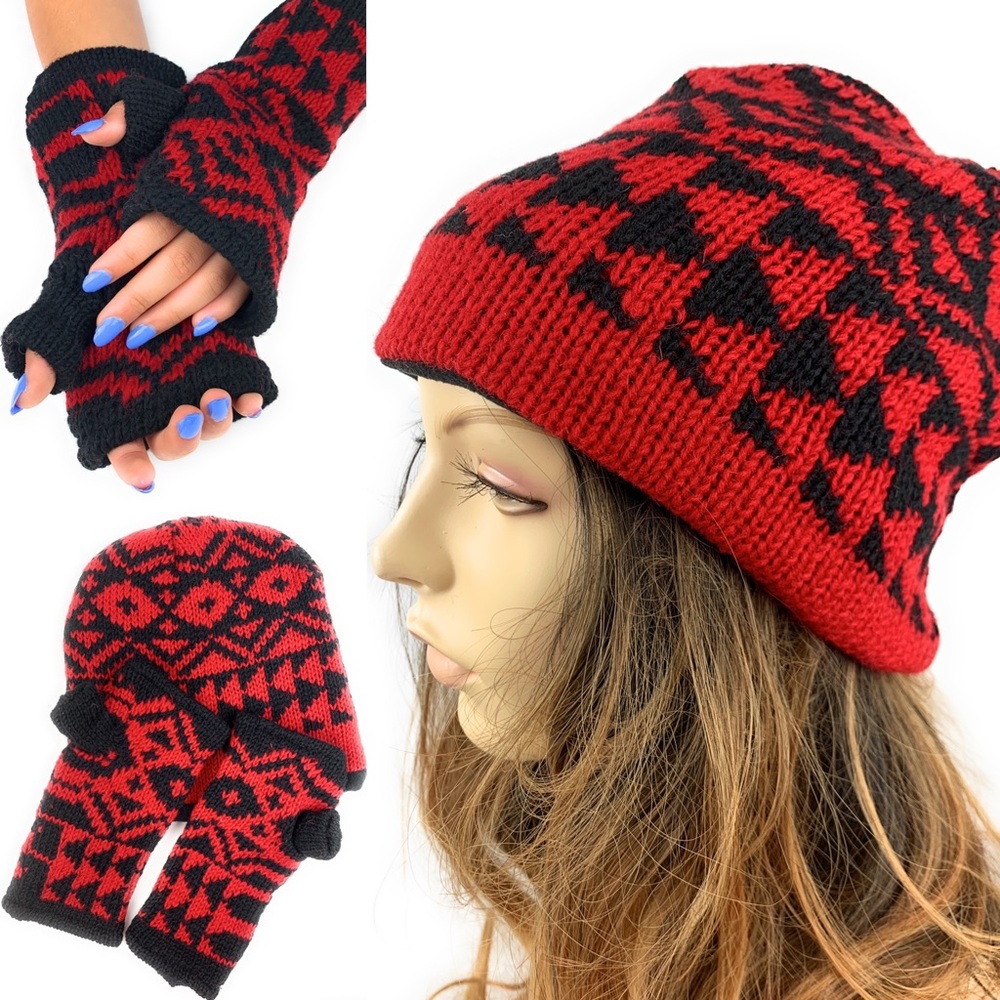 Red beanie and typing gloves set